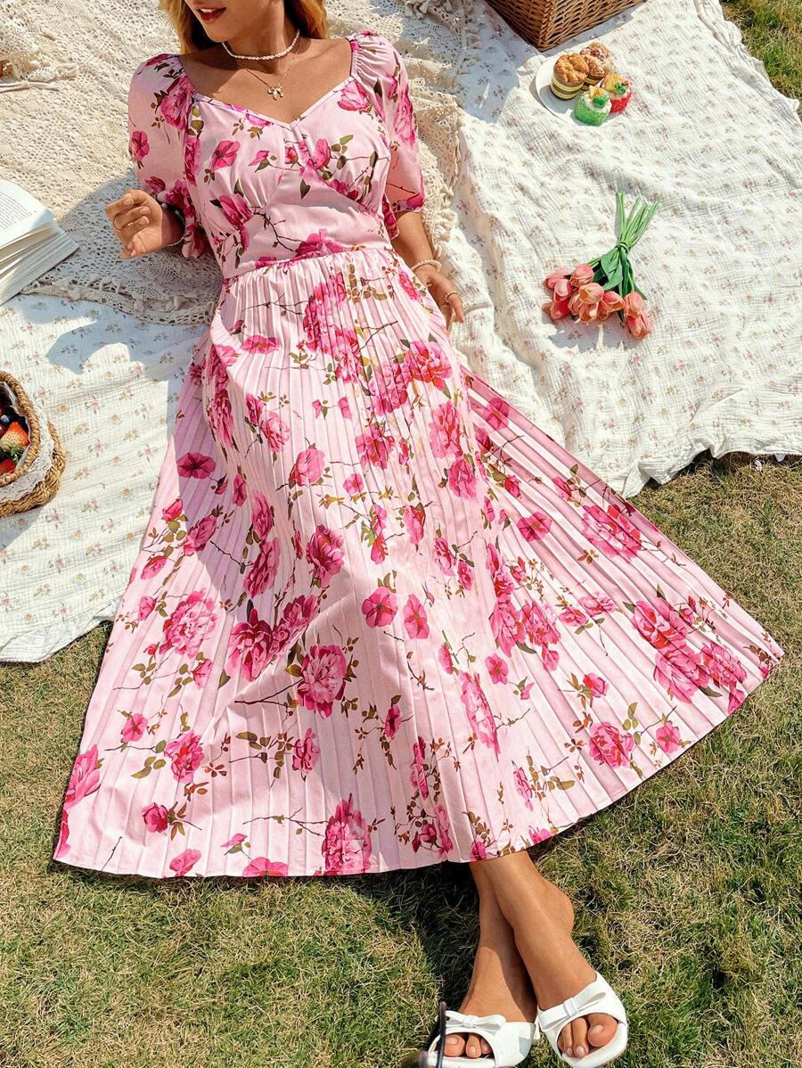 Franclia Vestido estampado de talle alto y plisado elegante francés para mujer talla grande