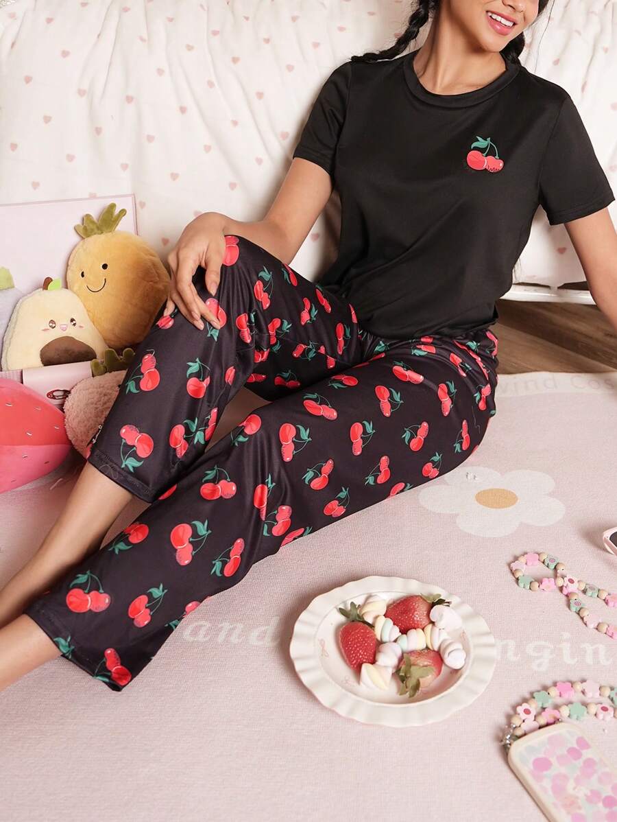 Cherry Print Round Neck Short Sleeve Long Pants Women Pajama Set