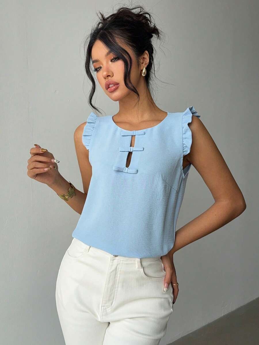 Chiquease Women Casual Solid Color Round Neck Cap Sleeve Bow Blouse, Spring/Summer