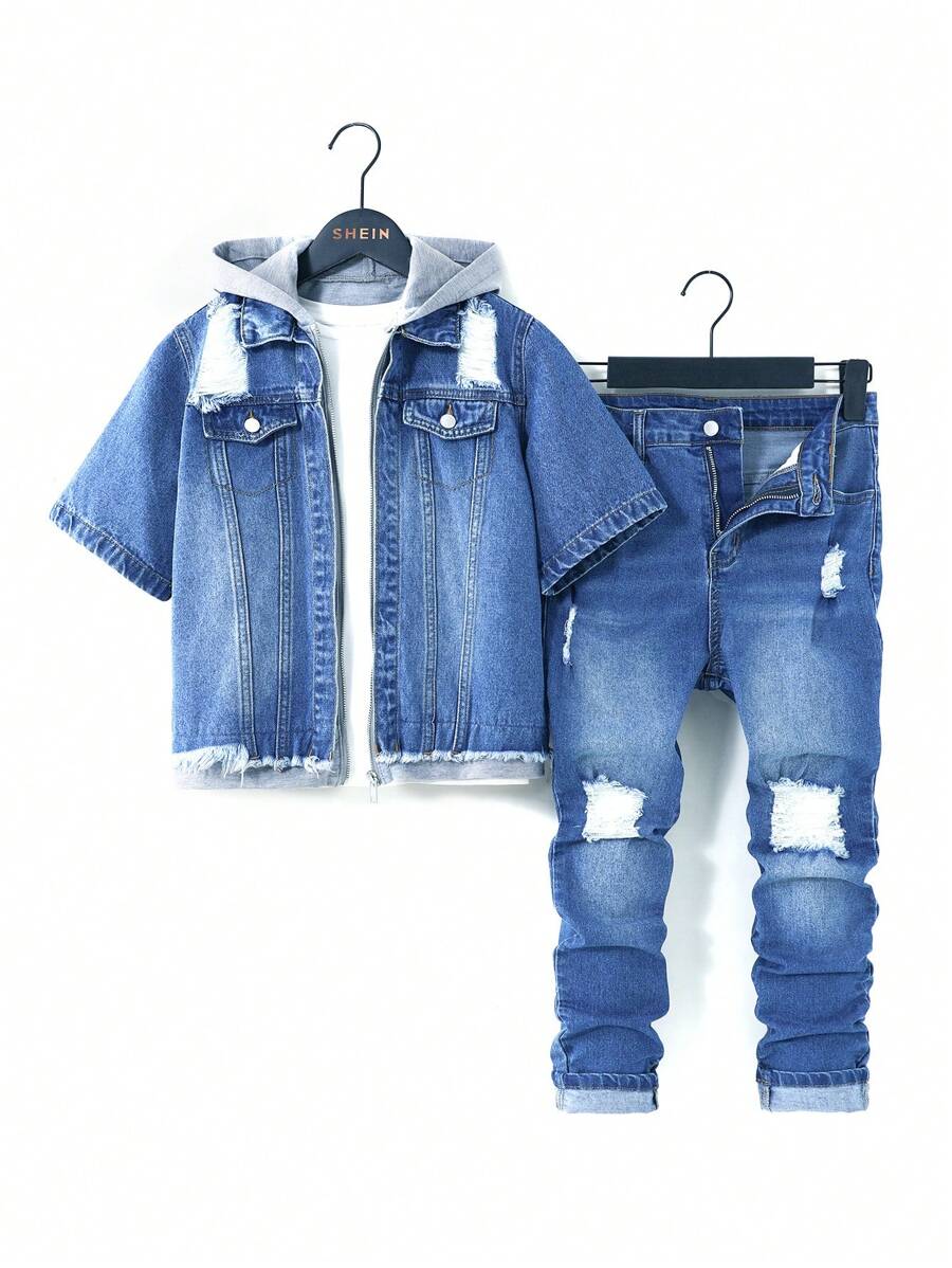 SHEIN Tween Boy 2pcs/Set Y2k Fashion Casual Blue Denim Cut Out Ripped Frayed Splicing Design Short Sleeved Grey Knit Hooded Denim Jacket Top And Stretch Skinny Kids Jeans For Boy Costume Dailywear And Kids Summer Clothes