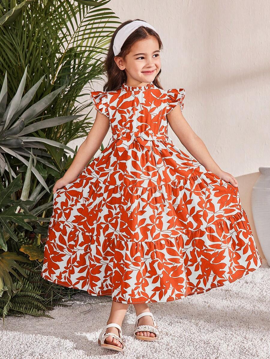 SHEIN Vestido sin mangas para niña con cuello alto, dobladillo con volantes y estampado floral disperso de gasa
