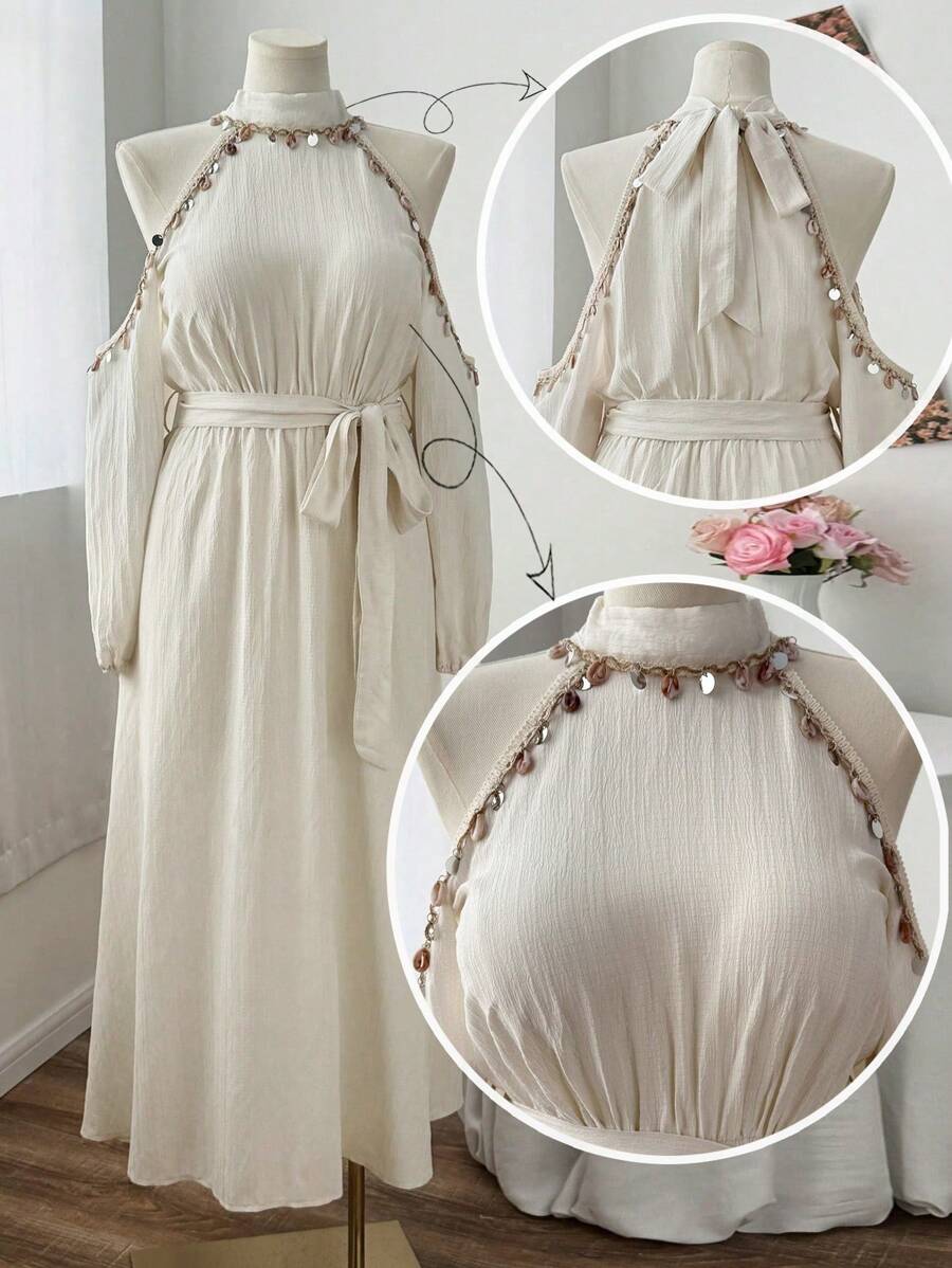 Sunnyshic Vestido largo elegante de línea A para playa con escote halter y cordones, vestido de lino cómodo para vacaciones