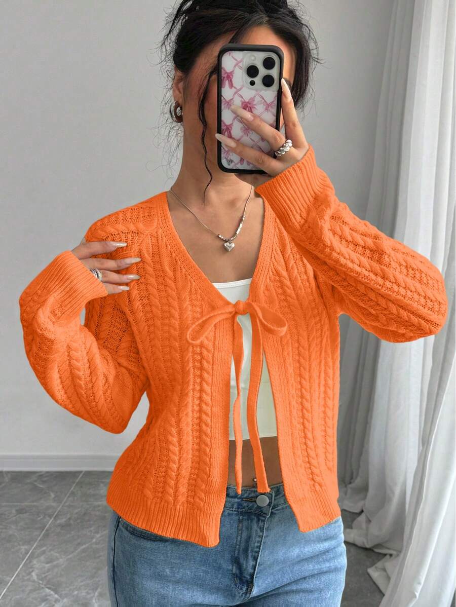 Chiquease Französischer lässiger vielseitiger Weizenähren-strukturierter Vorder-Schleife Cardigan mit Langarm Strickpullover für Frauen