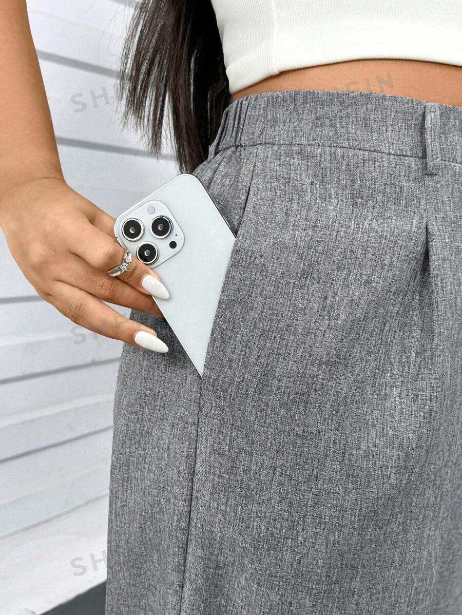 SHEIN Essnce Pantalones de traje para mujer talla grande, pantalones grises de mujer, pantalones casuales, ropa de verano para mujer, Bottom, pantalones rectos, pantalones adelgazantes, atuendos de verano para mujer, atuendos de primavera para mujer, atuendo informal de oficina para mujer, pantalones anchos