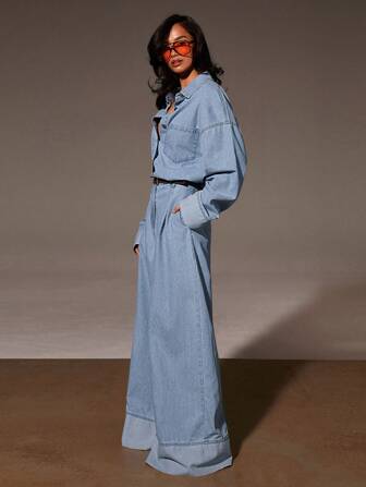 Athîral Women's Chambray Denim Drop Shoulder Long Sleeve Wide Leg Denim Jumpsuit, Vintage, Fall Women Clothes,Business Casual Women