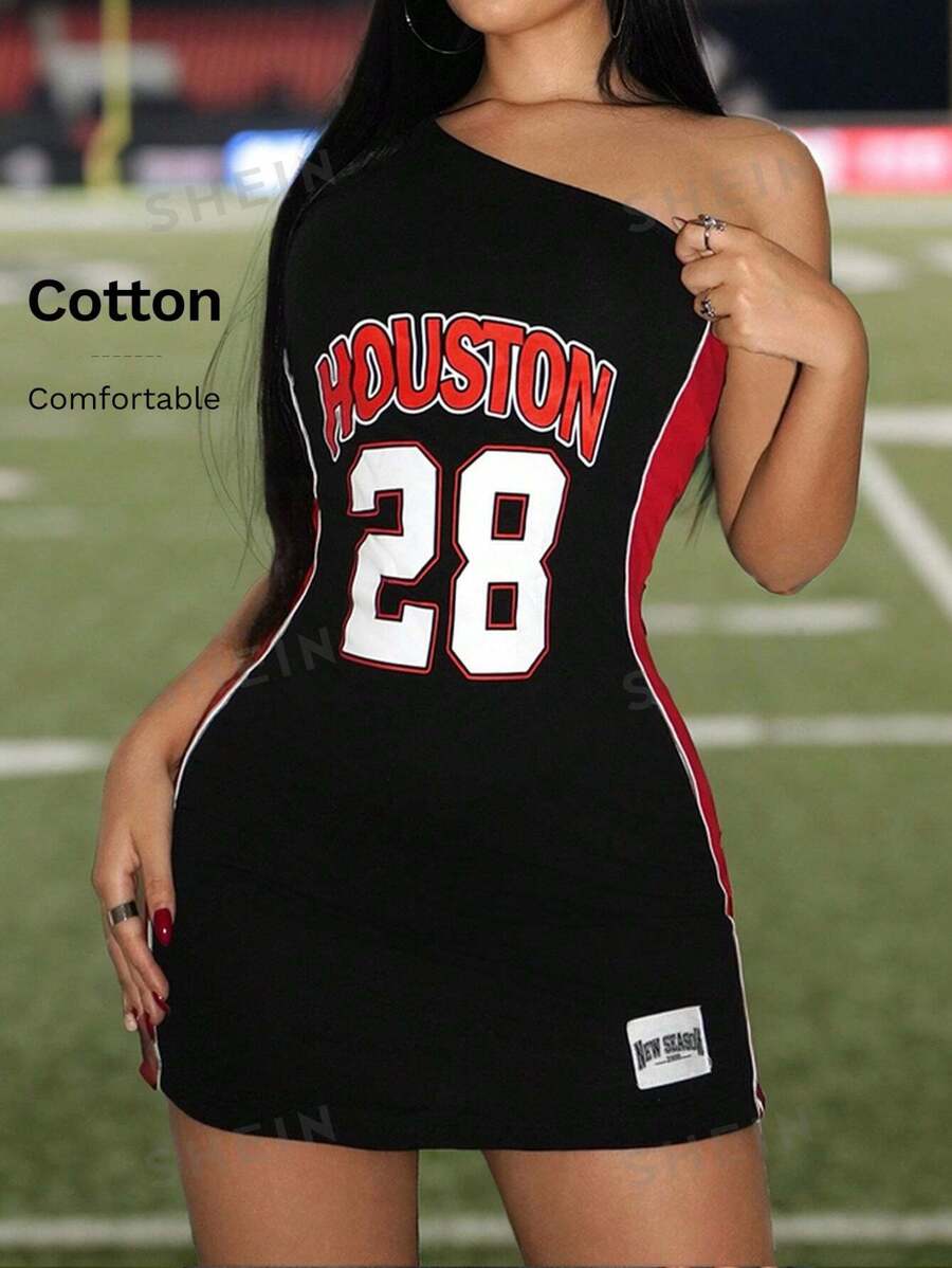 SHEIN ICON Vestido mini ajustado deportivo de baloncesto negro y rojo con un solo hombro y estampado de contraste en color para mujer estilo Y2k para verano