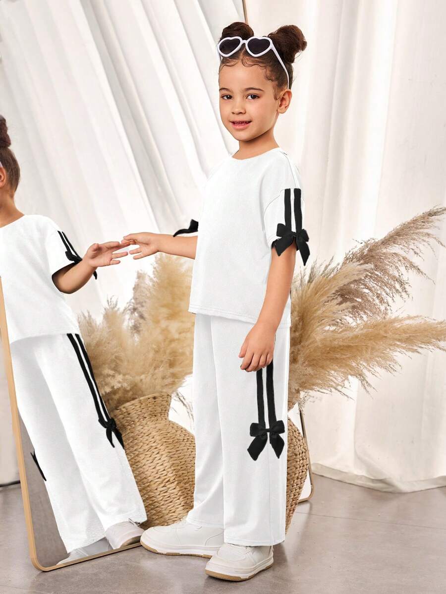 2pcs Young Girl Knitted Solid Color Round Neck Loose T-Shirt And Wide-Leg Pants Set
