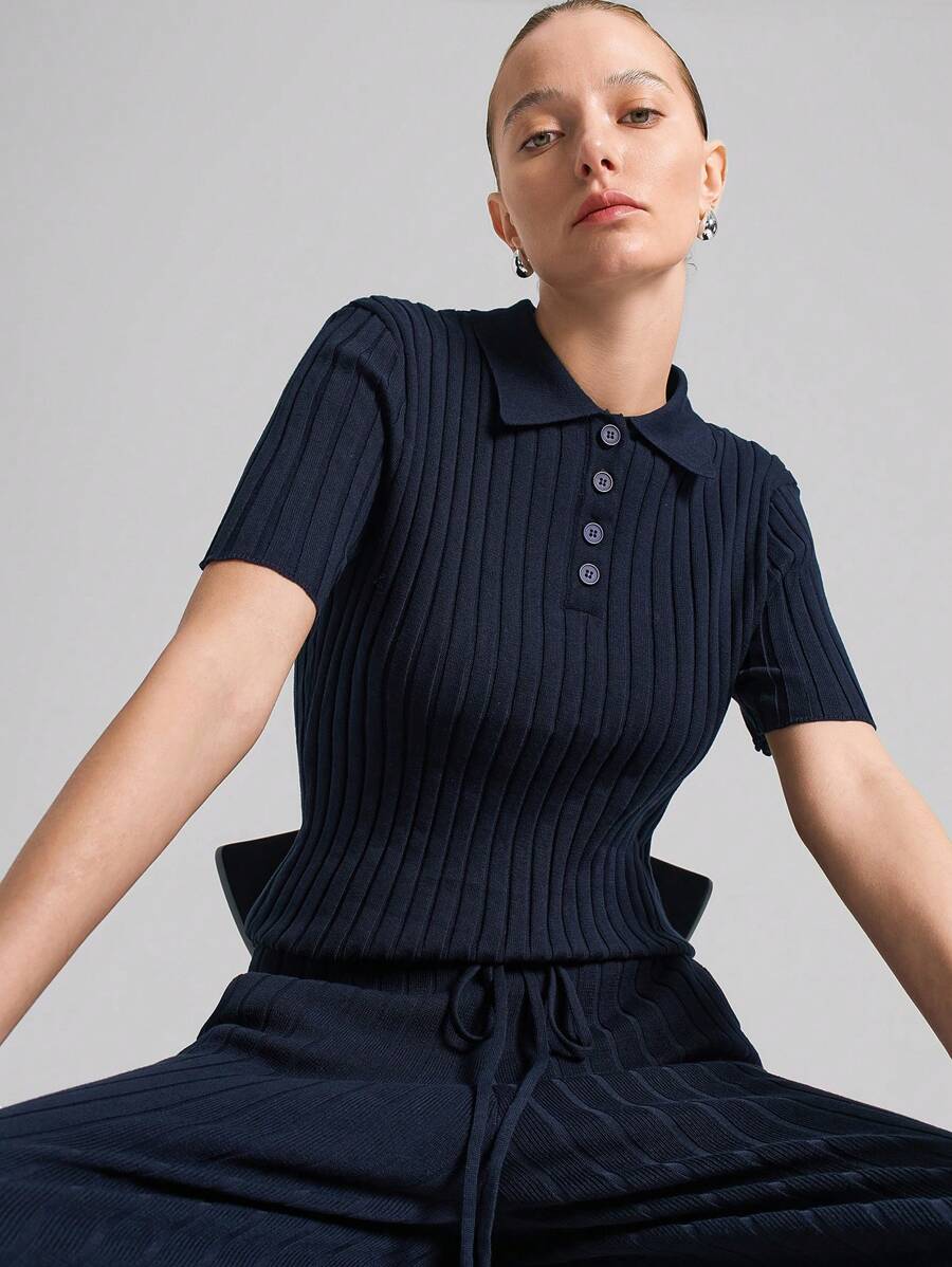 Ontre 2pcs Solid Color Polo Collar Knit Top And Drawstring Long Pants, Sweater Set, Retro Vintage Style, Minimalist Urban Commuter Wear, Short Sleeve Knit Top, Casual Chic