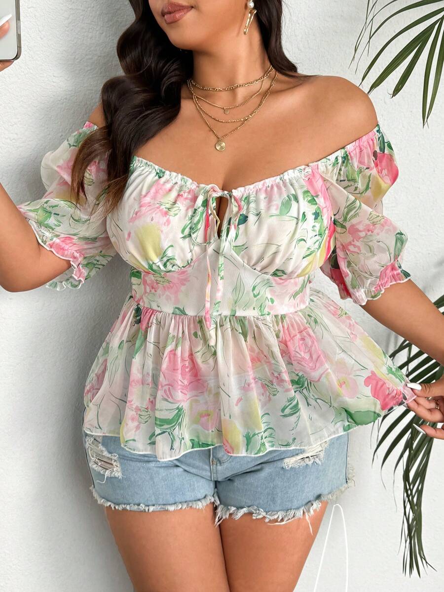 Sunnyshic Camicia taglia grande con scollo quadrato romantico, in vita aderent e silhouette a-line