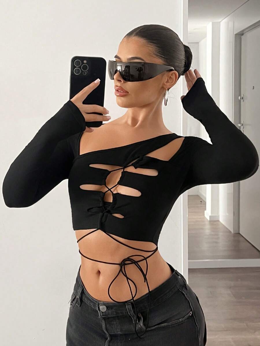 SHEIN ICON Women's Sheer Panel Asymmetrical Cutout Short Black Long Sleeve T-Shirt, Sexy Outdoor Style