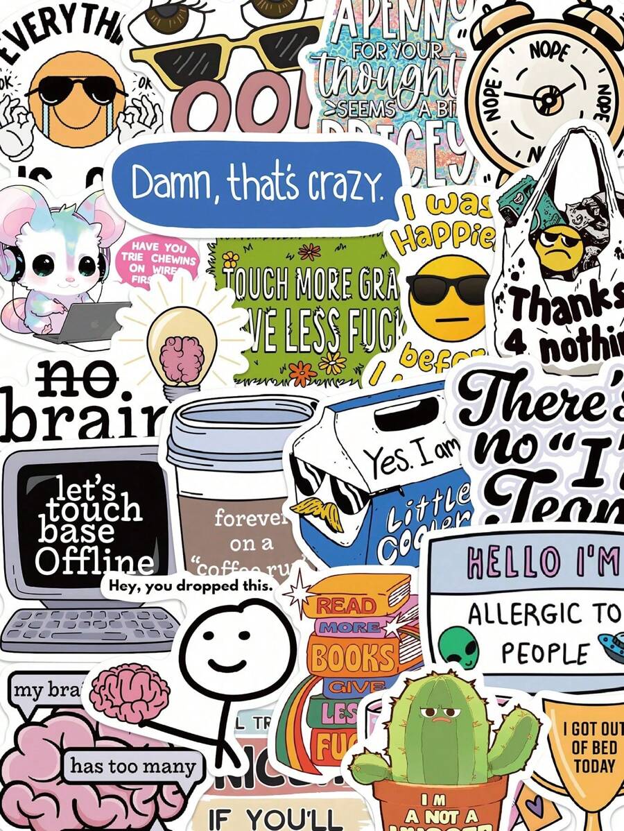 SHEIN 50pcs Funny Sarcastic Stickers Waterproof Cartoon Gifts For Journal Scrapbook Water Bottles Laptop Bumper Water Bottles Computer Phone And Decals
