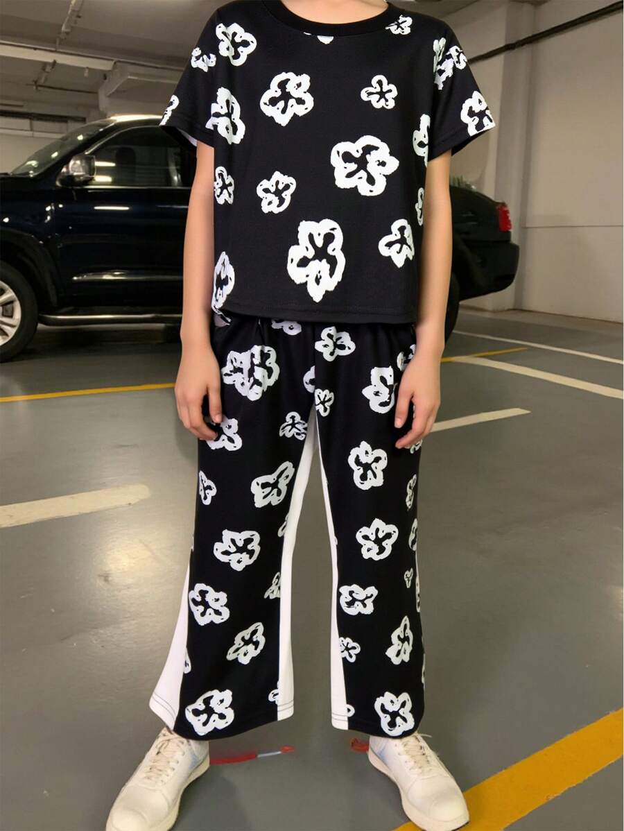 SHEIN Jonge jongens bloemenprint ronde hals korte mouw top en broek casual outfit, geschikt voor dagelijks gebruik