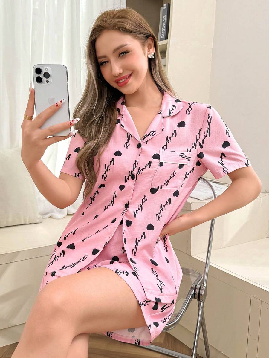 Dream Adore Conjunto de pijama de mujer con estampado de corazones y letras en el cuello