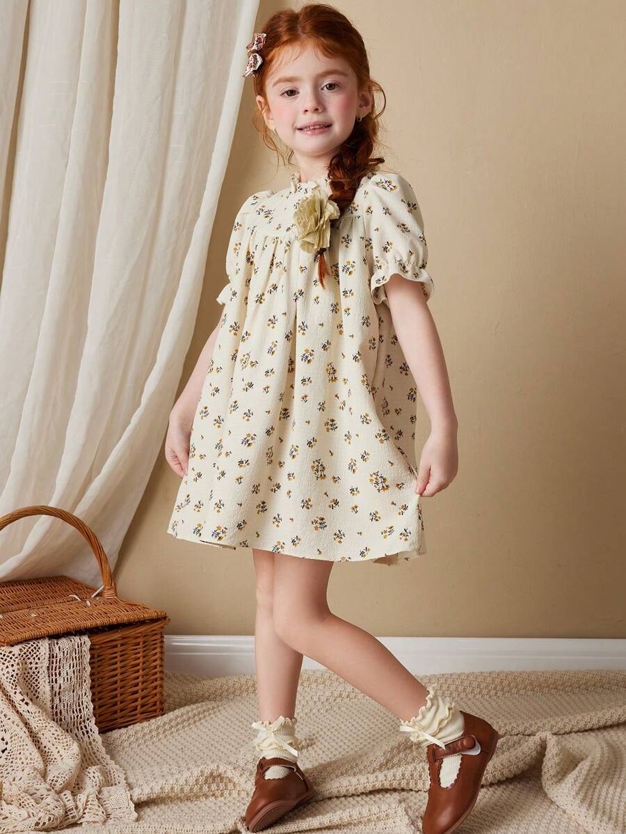 Blossori Vestido elegante para niñas al estilo francés con fondo en color albaricoque, cuello con volantes tejidos en gris y amarillo, para primavera/verano