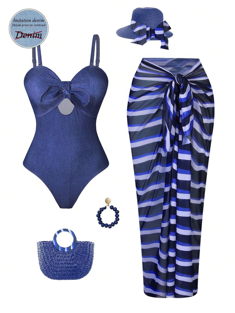 Swim Oasis Costume da bagno da donna taglie forti di alta qualità, 2 pezzi: Top con bustier e fiocco, abbinato a una lunga gonna a fantasia a righe, per vacanze in spiaggia, estate