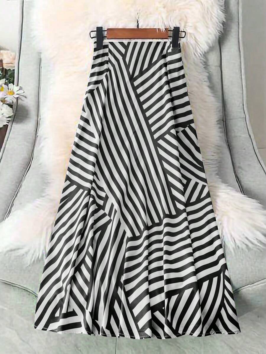 SHEIN LUNE Women's Stripe & Floral Print Loose A-Line Skirt, Comfortable & Stylish, Versatile For Spring/Summer