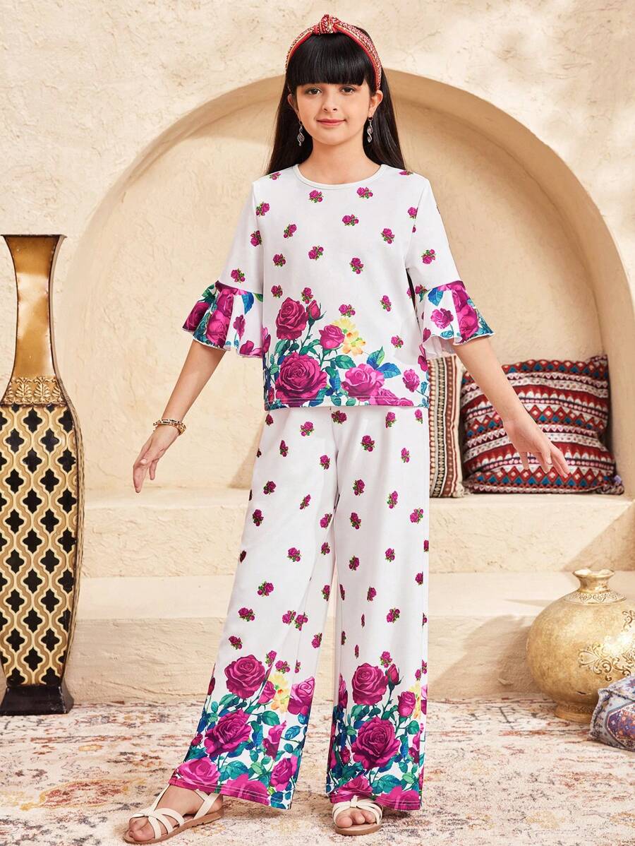 SHEIN Tween Girl Loose Casual Round Neck Ruffle Hem Floral Rose Print Top And Pants 2 Pieces Set, Spring/Summer