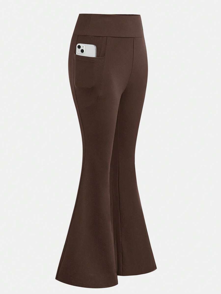 SHEIN Pantalones de yoga con campana para niñas preadolescentes, de cintura alta, ajuste ceñido, elásticos, casuales y versátiles con bolsillo parche