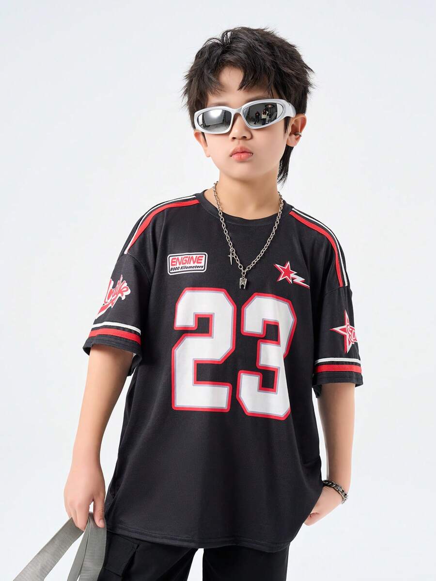 SHEIN Teenager Spring/Summer Round Neck Short Sleeve Casual Jersey Boys Casual Stylish Hiphop Streetwear City Name, Number 23, Star, Fashion Slogan, Shield Logo Printed Short Sleeve Crew Neck T-Shirt, Suitable For Summer