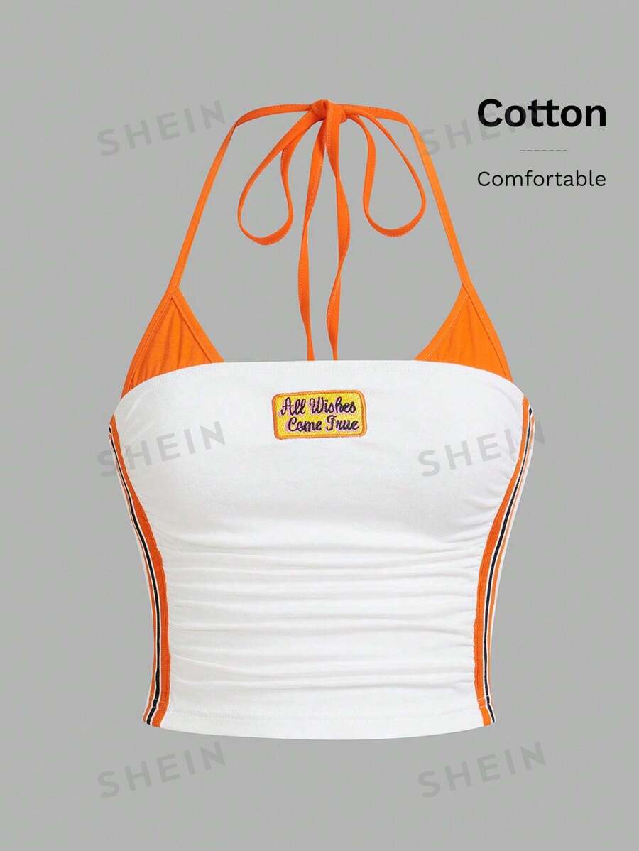 SHEIN ICON Conjunto de ropa casual de verano estilo Y2K con top corto de bloques de color con bordado de letras en contraste de estilo biker, escote halter, ajuste ceñido