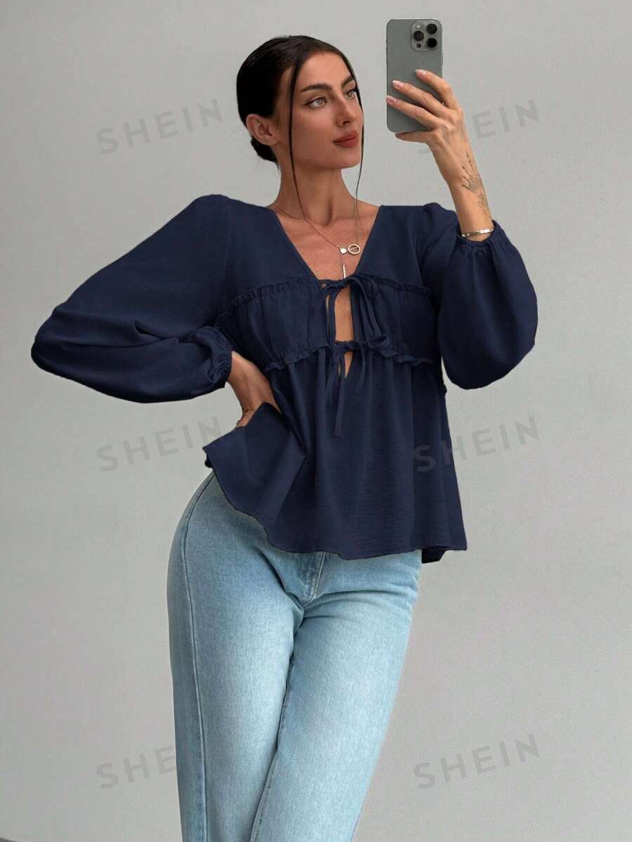 Aloruh Blusa suelta para mujer con cuello en V, mangas abullonadas, acabado con volantes y cierre delantero en nudo, para una cita romántica
