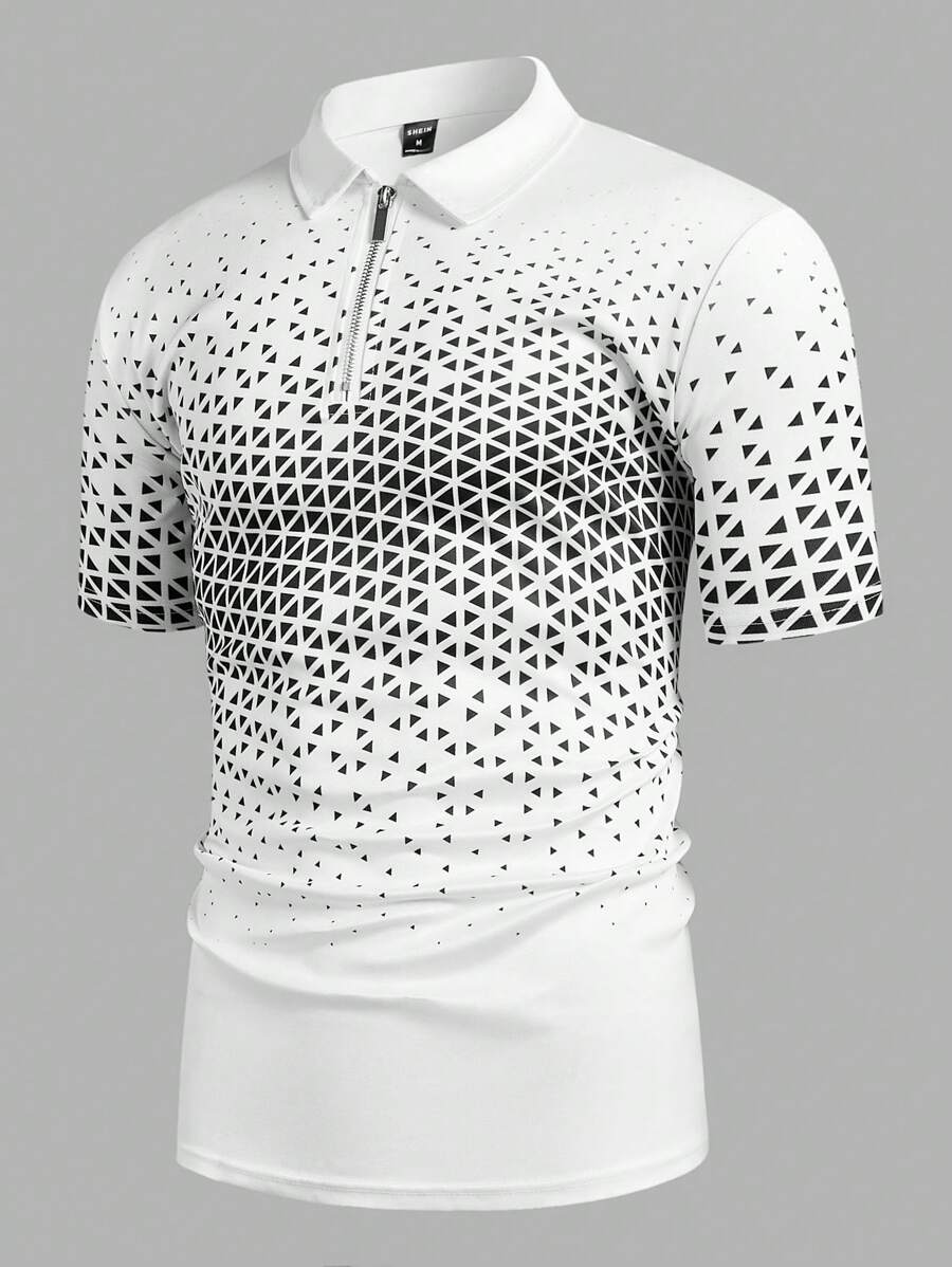 Manfinity Sport Corelite Camisa polo casual con cremallera y estampado geométrico de manga corta para hombres