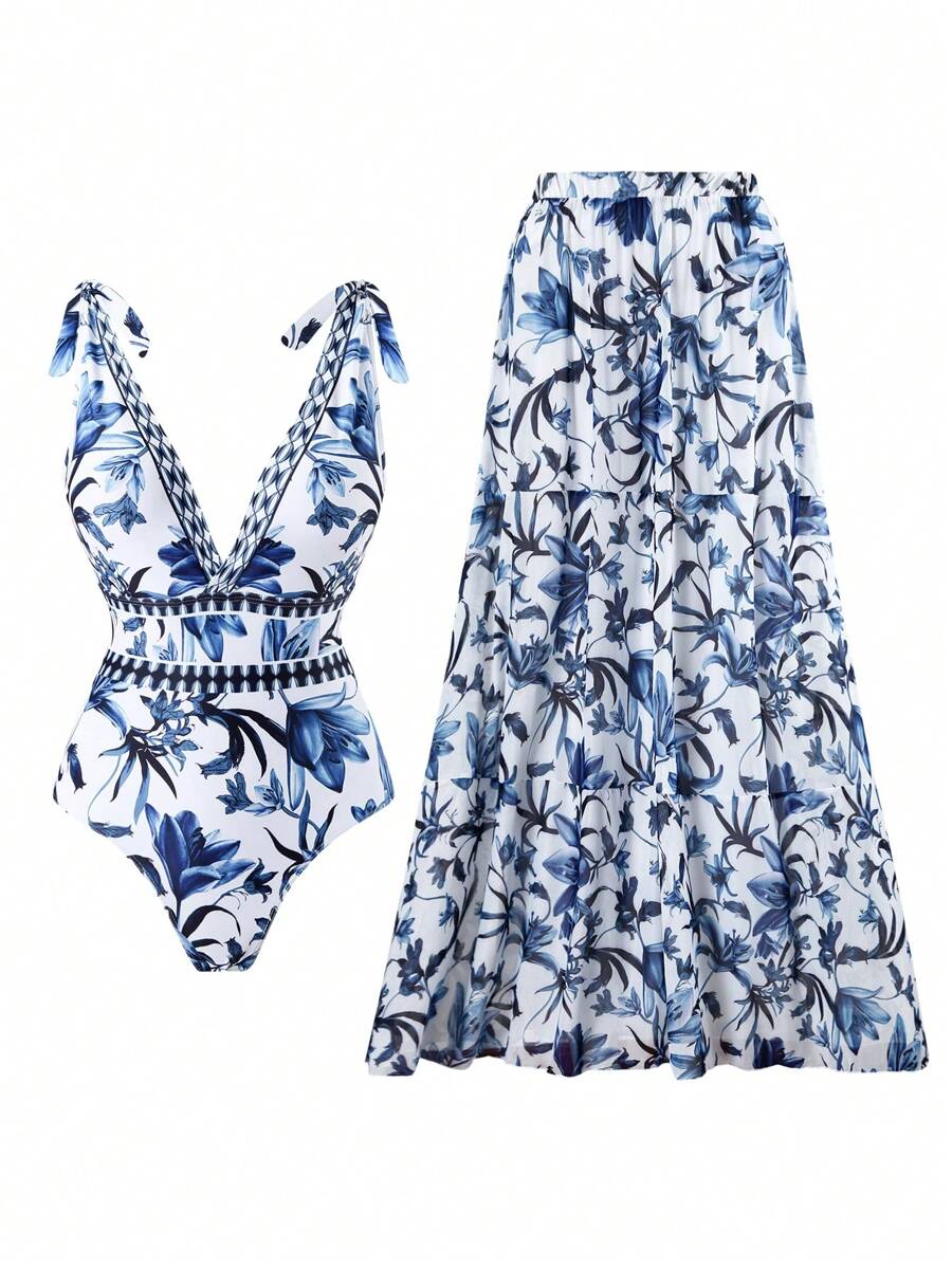 Swim Oasis Traje de baño de una pieza con cuello en V, estampado floral azul, diseño halter y espalda descubierta, con falda transparente. Atuendo de playa de verano de alta gama para mujer