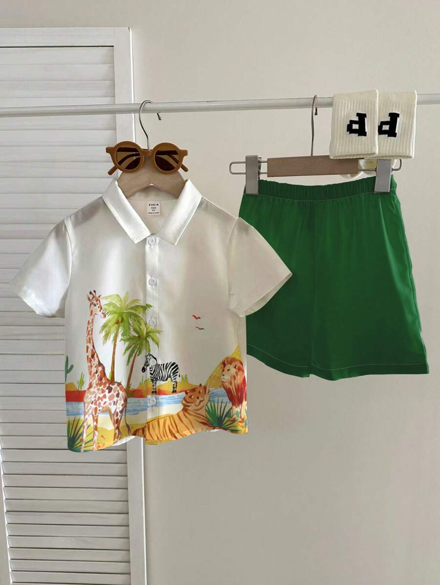 Baby Boy Casual & Cute Animal World, Lion, Tiger, Zebra, Giraffe Resting Scenery Printed Soft Shirt & Shorts Set, Suitable For Spring/Summer