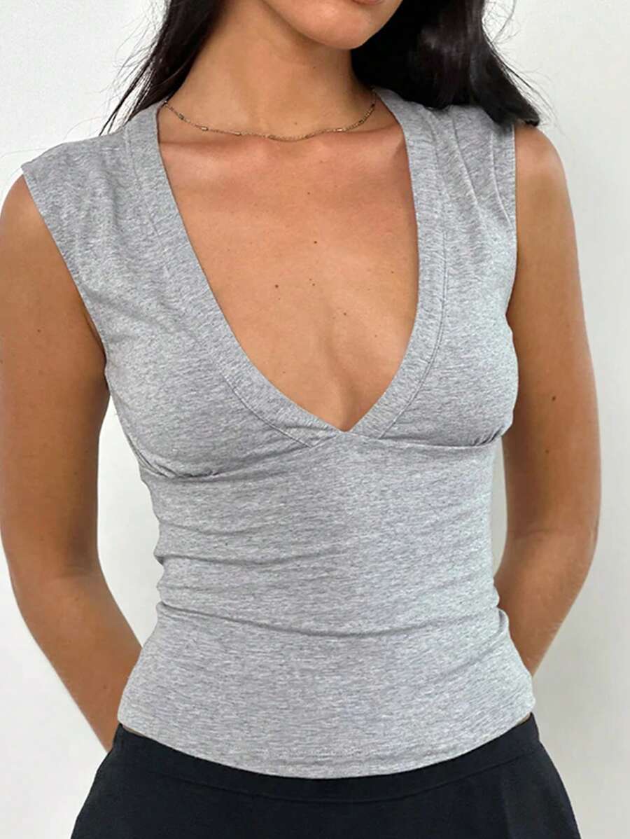 Zyxie Canotta casual da donna a tinta unita con profondo scollo a V