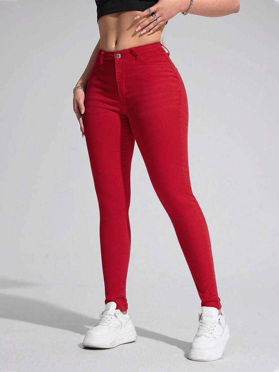 SHEIN Essnce Women's Pocket Slim Fit Casual Versatile Denim Jeans