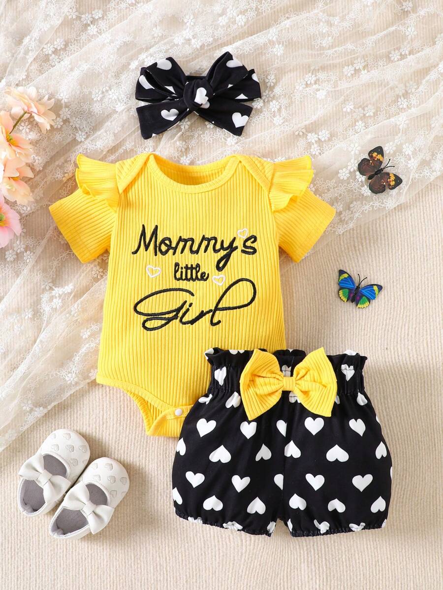 SHEIN 3pcs/Set Toddler Kids Casual Outing Outfit, Includes Bodysuit With Embroidered Cap Sleeves, Long Pants And Headband With Bow