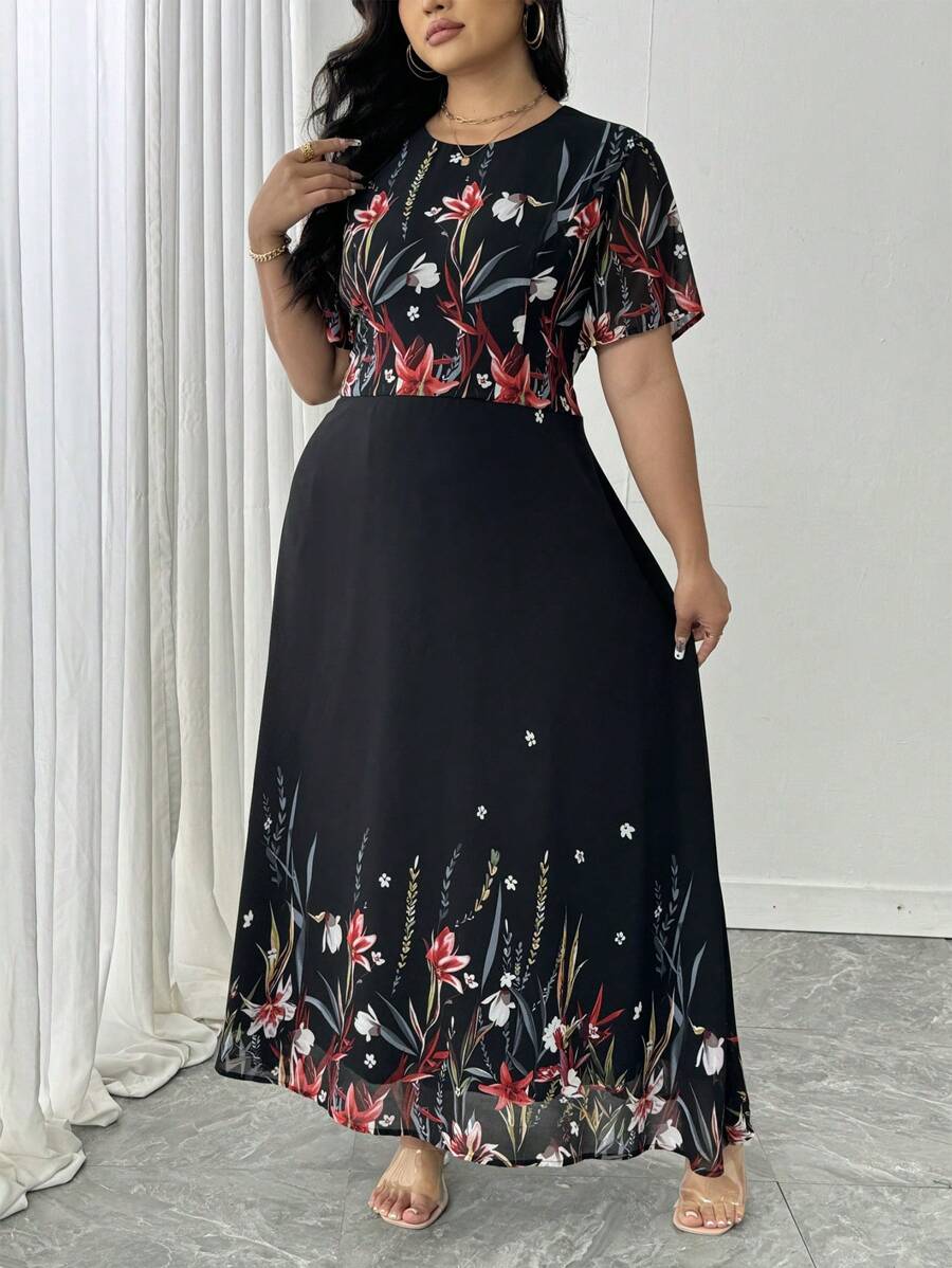 SHEIN LUNE Vestido casual elegante de manga corta con cuello redondo y estampado floral para mujer de talla grande
