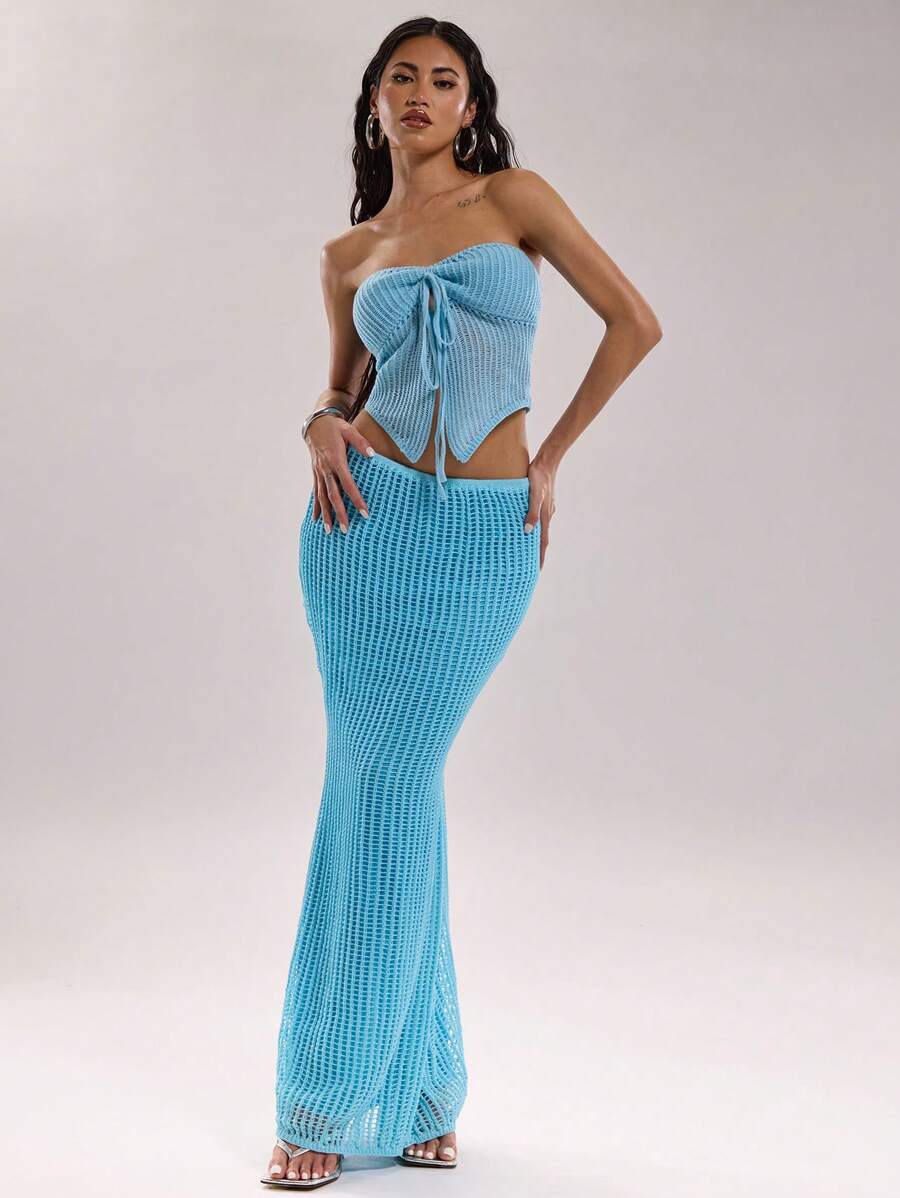SHEIN BAE Women's Vacation Style Solid Color Low Waist Extra-Long Knit Skirt Crochet Summer Outfits For Women Vacation Outfits Woman Spring Outfits For Women Beach Outfits For Woman Western Wear Women Vacation Outfits Women Cover Ups For Swimwear Long Skirt