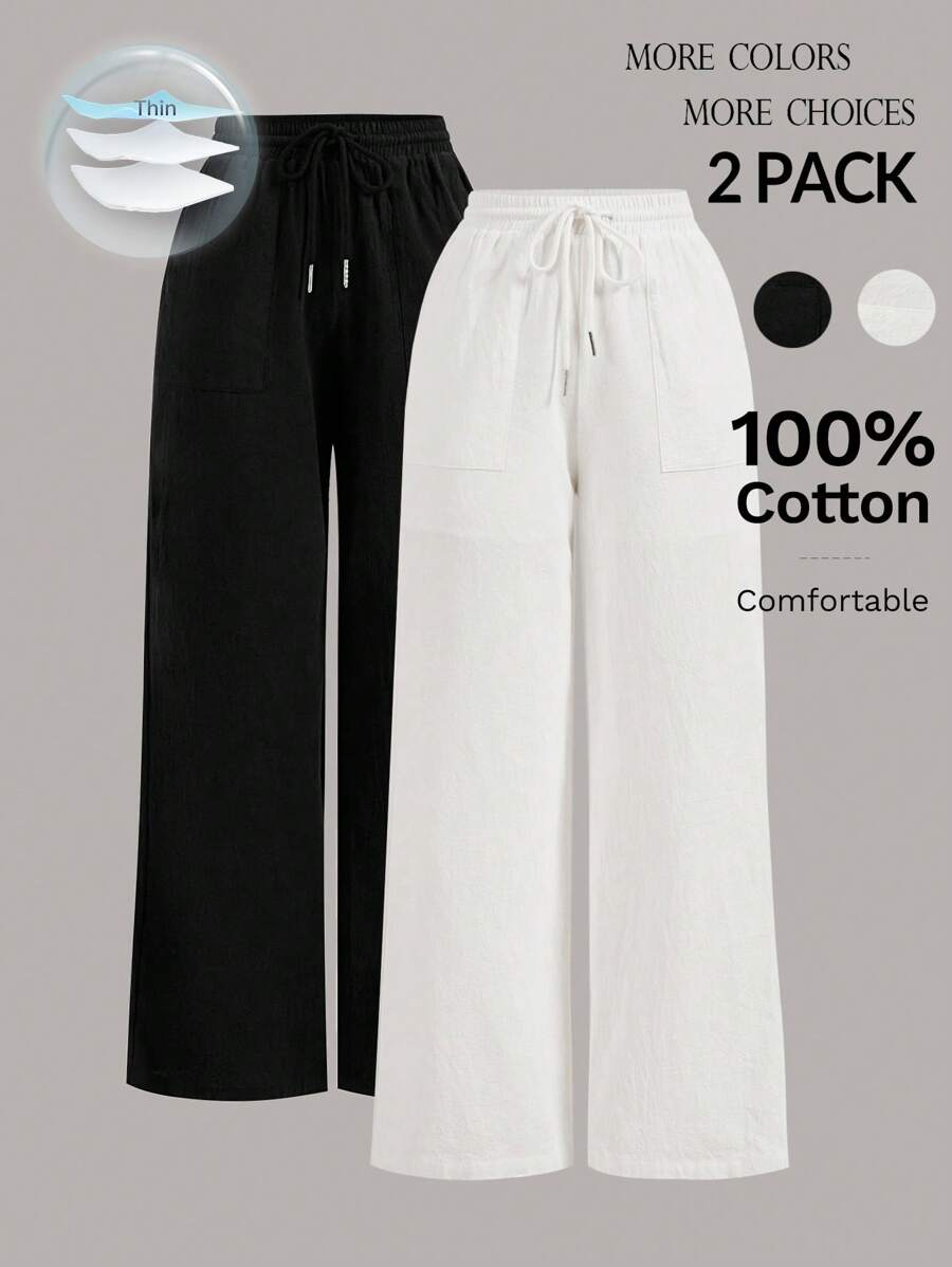 SHEIN PETITE Pantaloni larghi casual a vita alta da donna, a tinta unita, con coulisse in vita, adatti per l'estate;Pantaloni casual da donna a vita alta con tasche, con coulisse, a gamba larga e multicolore, adatti per l'inverno e l'uso quotidiano