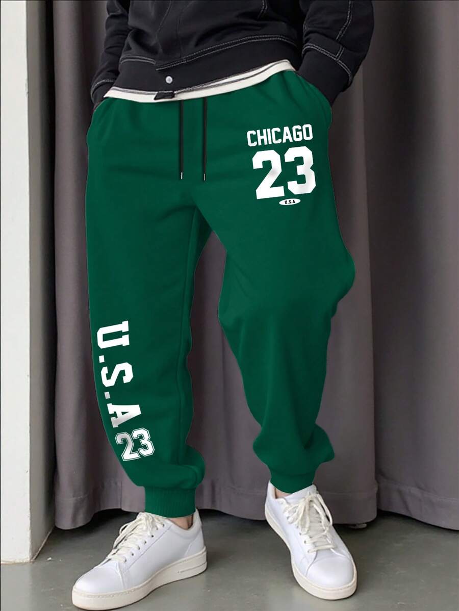 Manfinity Homme Plus Size Heren Letter Bedrukt Trekkoord Taille Zakken Enkelomslag Joggingbroek