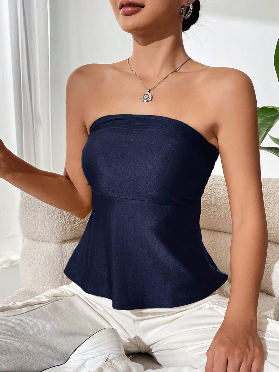 SHEIN Privé Women's Solid Color Ruffled Hem Fashionable Bandeau Top