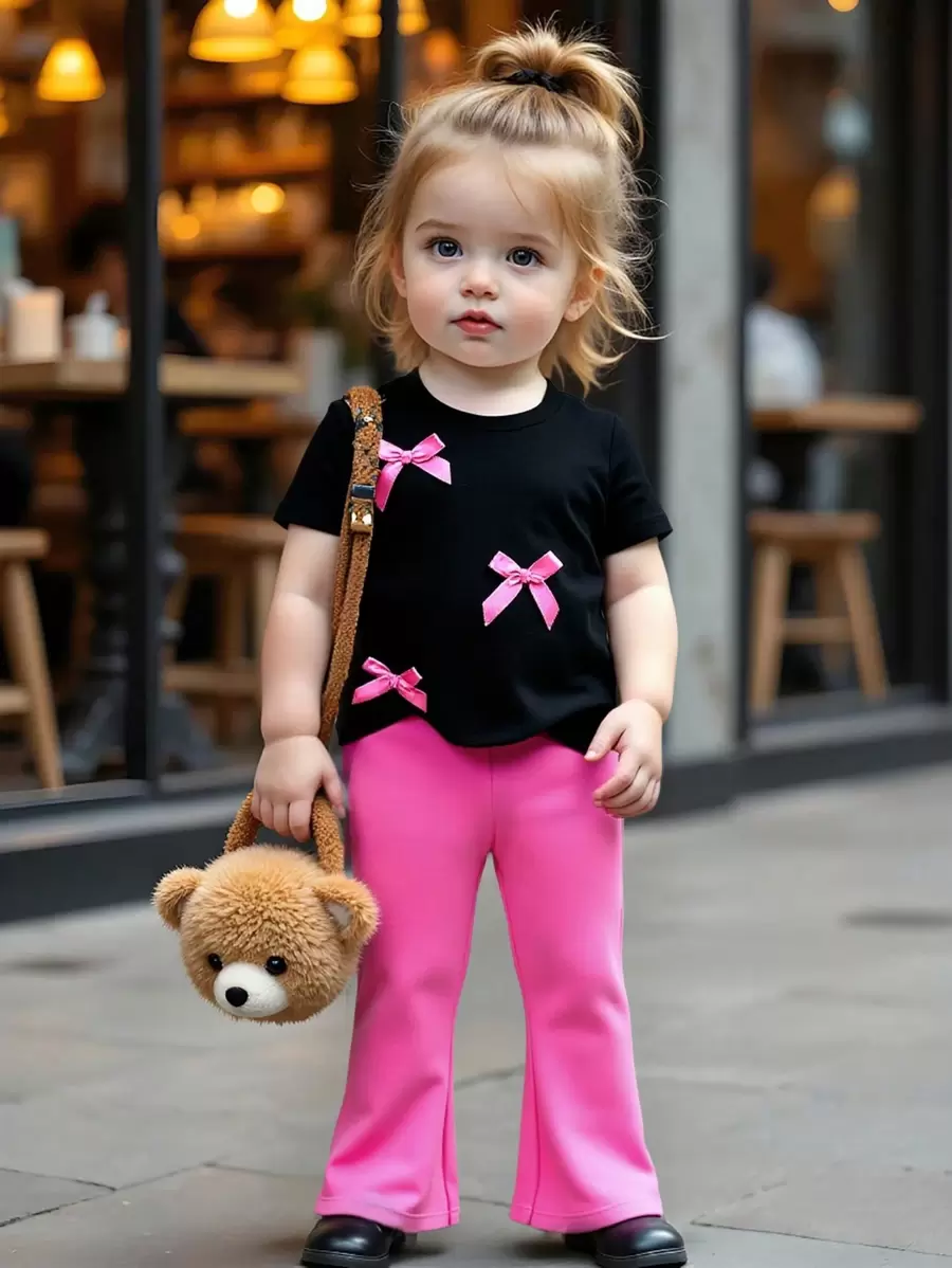 SHEIN Babymeisjes Zomer Koreaanse Stijl Casual Leuke 3D Strik Korte Mouw Gebreide Top En Zwarte Wijde Broek Set