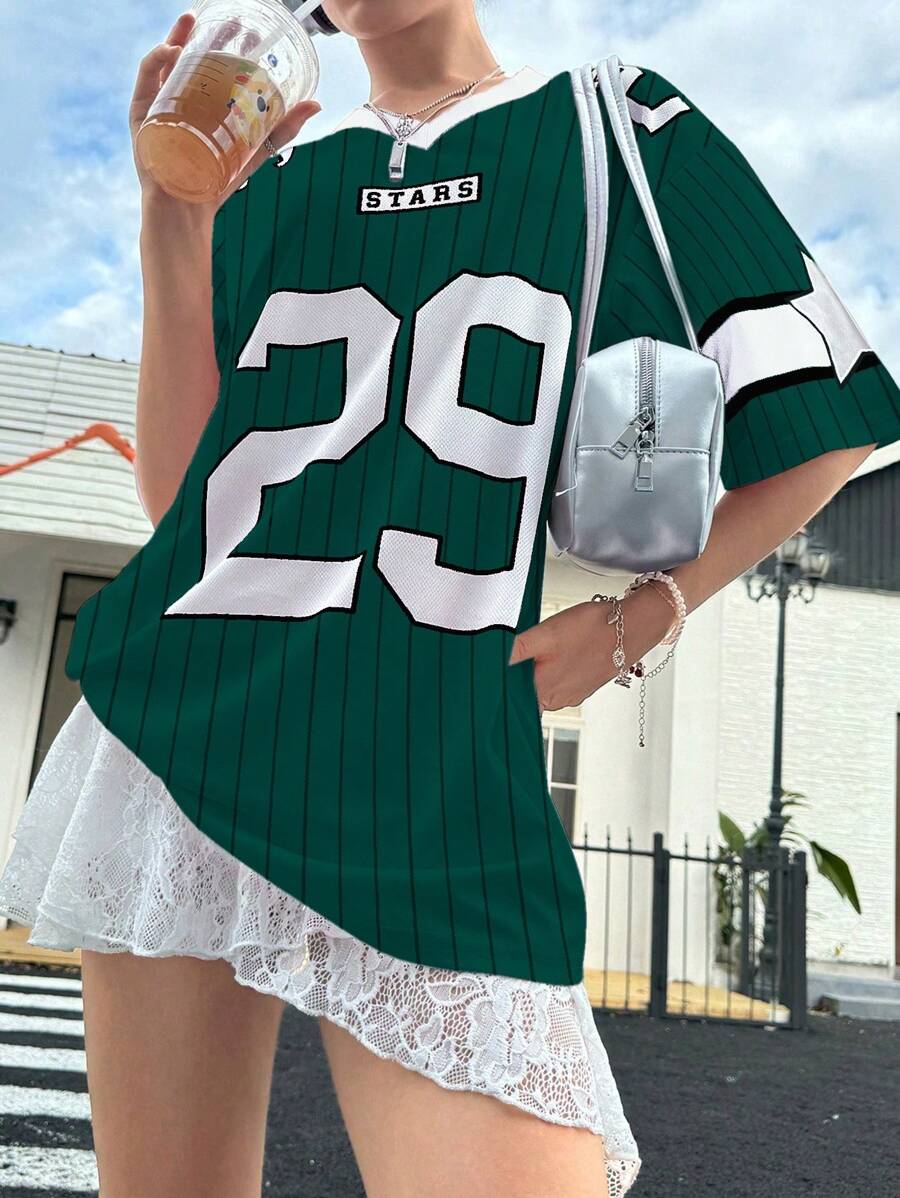INAWLY Vrouwen Nieuwe V-hals Casual Sport Letters En Patroon Stiksels Oversized Losse Korte Mouwen Roze T-shirt Grafische T-shirts Dames Tops