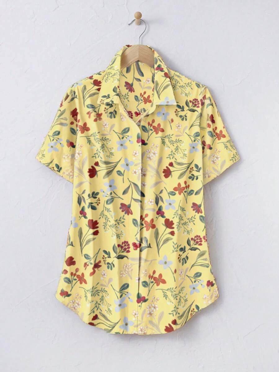 SHEIN RusticEase Camisa casual y suelta de manga corta con botones, apropiada para el verano