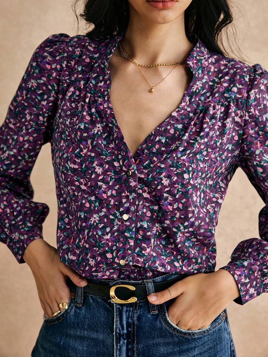 Poéselle Blouse moderne à imprimé rétro avec col en V profond pour femmes