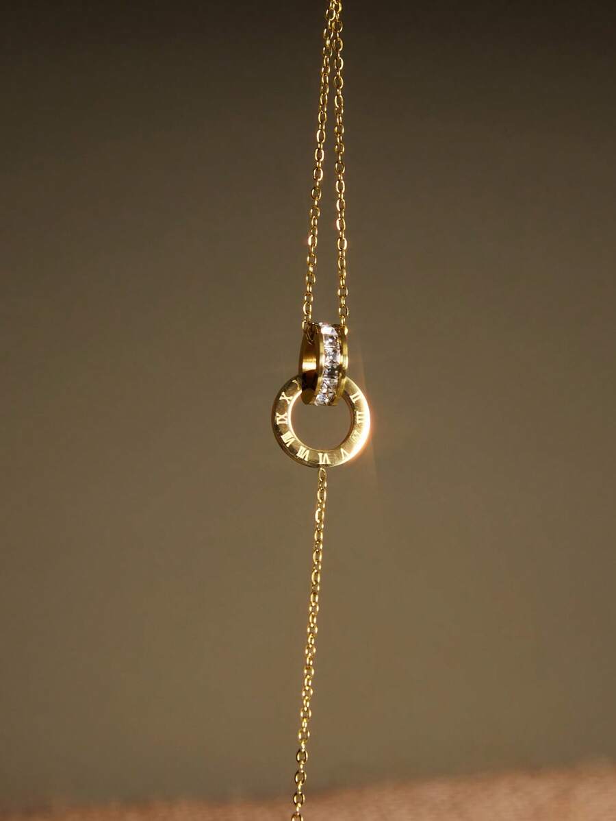1pc Aço Inoxidável Duplo Círculo Zircônia Pulseira Incrustada, Adequado Para Uso Diário