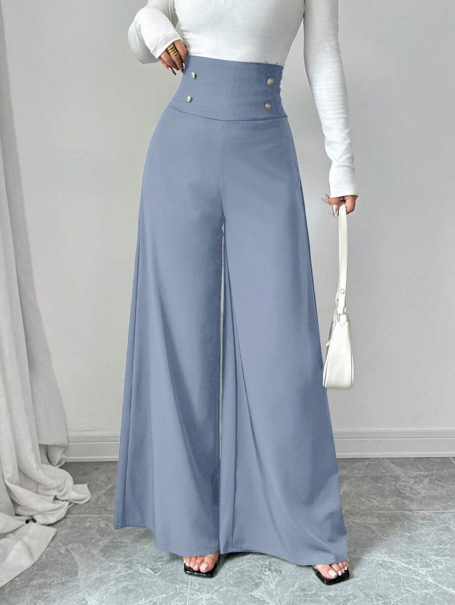 Firerie Pantalones negros de tiro alto y pierna ancha para mujer que estilizan la figura, ideales para la oficina