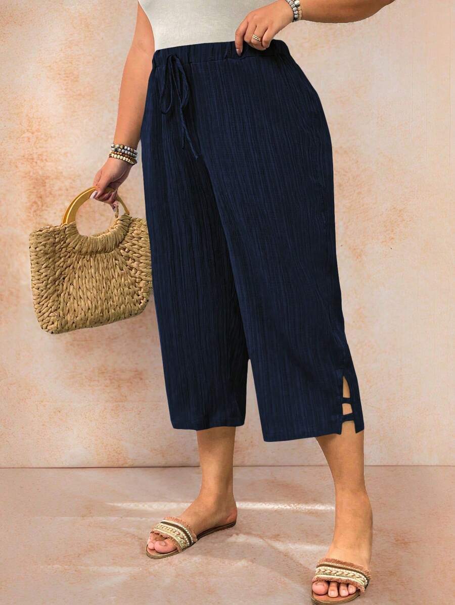 EMERY ROSE Plus Size Women Solid Color Waist Tie Side Slit Casual 3/4 Length Pants
