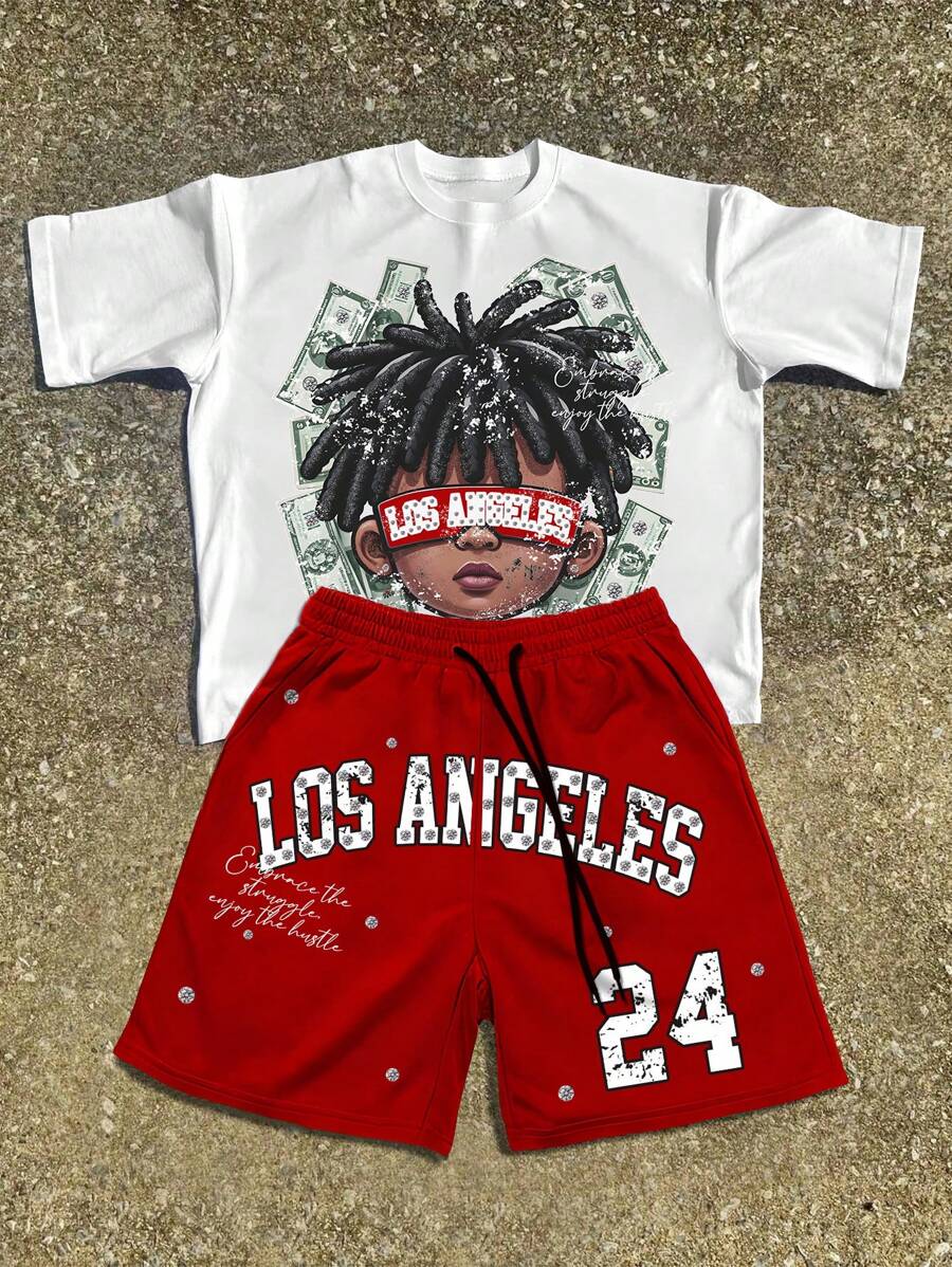 Manfinity Streetrush Set de 2 piezas con camiseta de manga corta de cuello redondo con estampado de personaje y pantalones cortos con cordón en la cintura para hombre