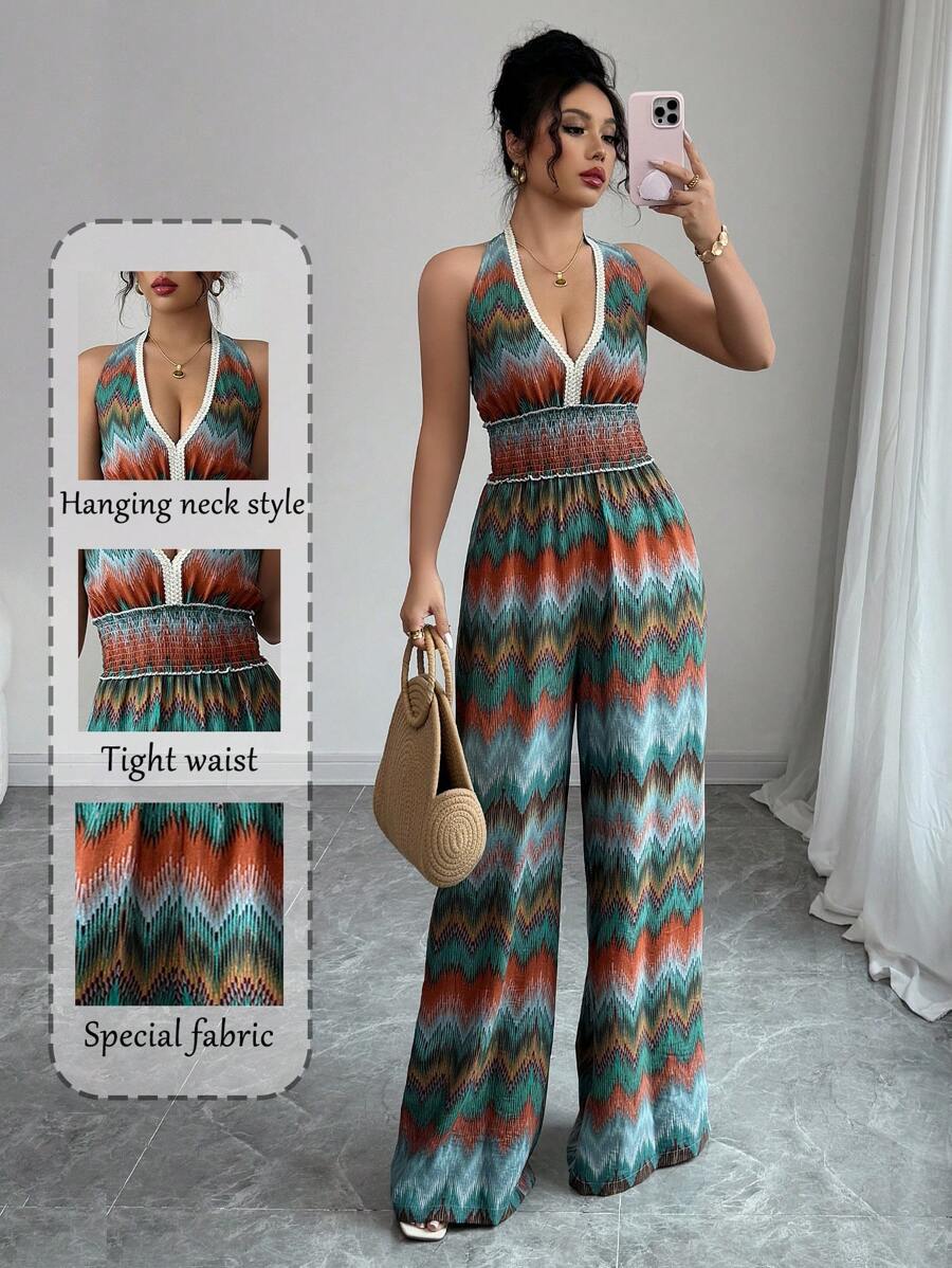 Elenzga V-Neck Halter Waist Elastic Drawstring Jumpsuit, Vacation Style