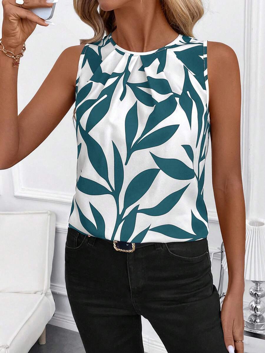 SHEIN Clasi Blusa aderente senza maniche da donna con stampa albicocca, top casual da donna per primavera/estate, abbigliamento da insegnante