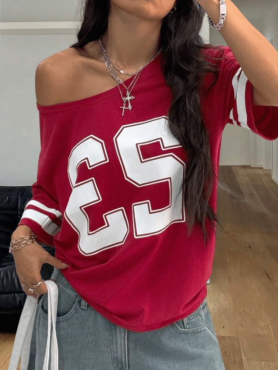 Coolane Camiseta roja para mujer con hombros descubiertos, estampado digital y bloques de color a rayas, de uso diario y para ocasiones, estilo vintage, para el Año Nuevo