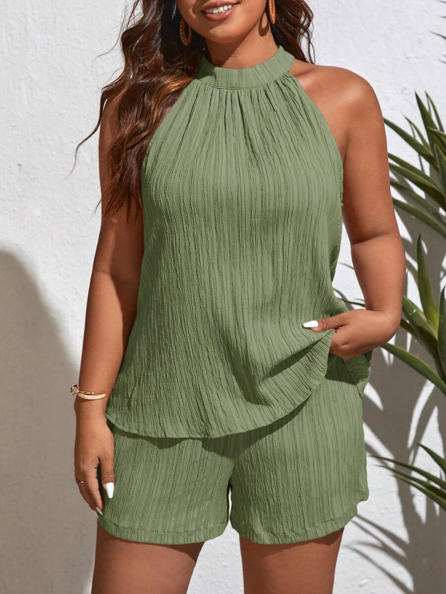 SHEIN VCAY 2pcs/Set Plus Size Sleeveless Solid Color Top And Shorts Set, Minimalist & Fashionable, Suitable For Summer,Holiday Outfits