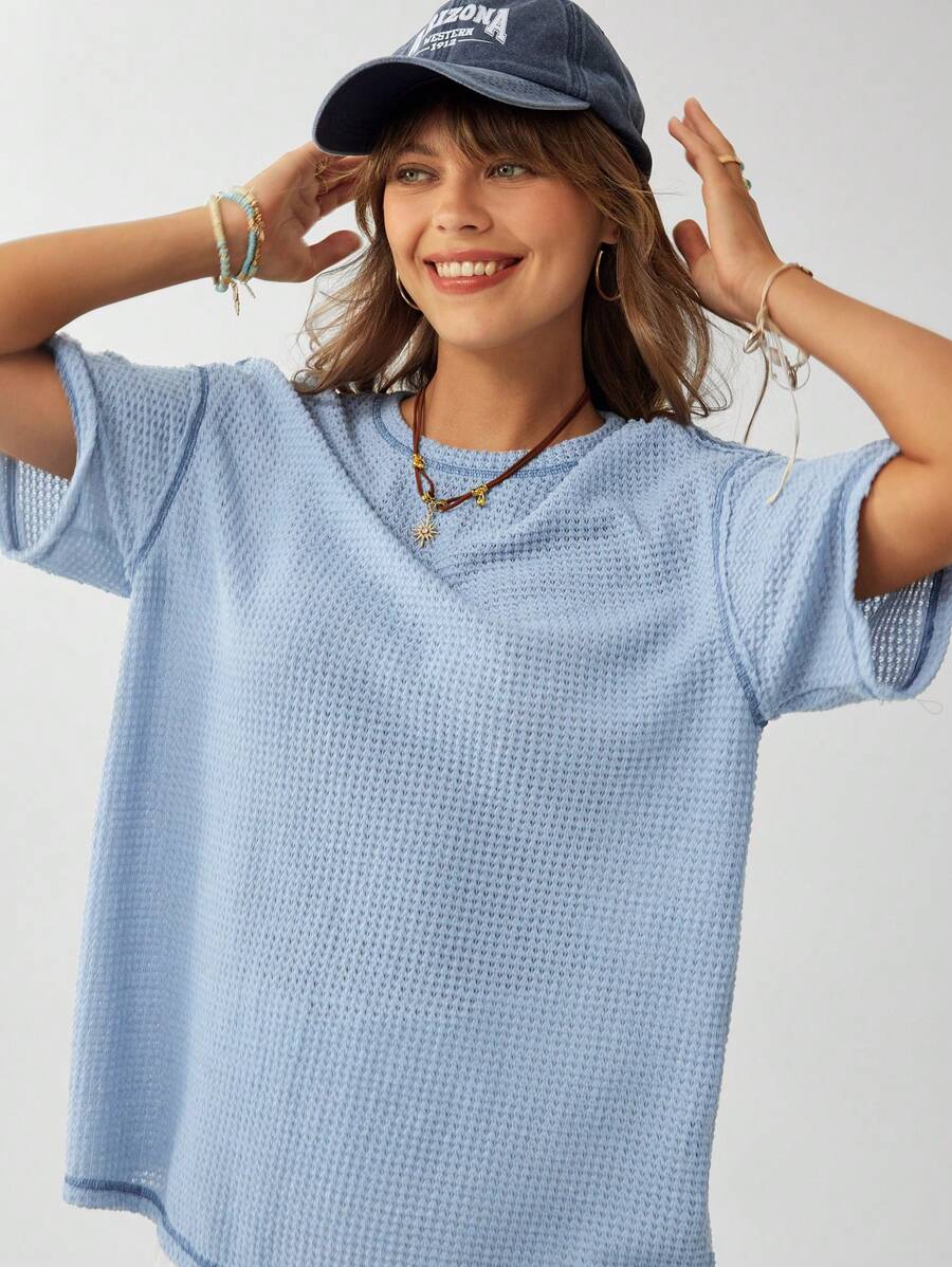 Wildy Ropa informal de verano estilo occidental bohemio para mujeres, atuendo para conciertos de country, camiseta azul casual de corte holgado con dobladillo deshilachado para mujeres