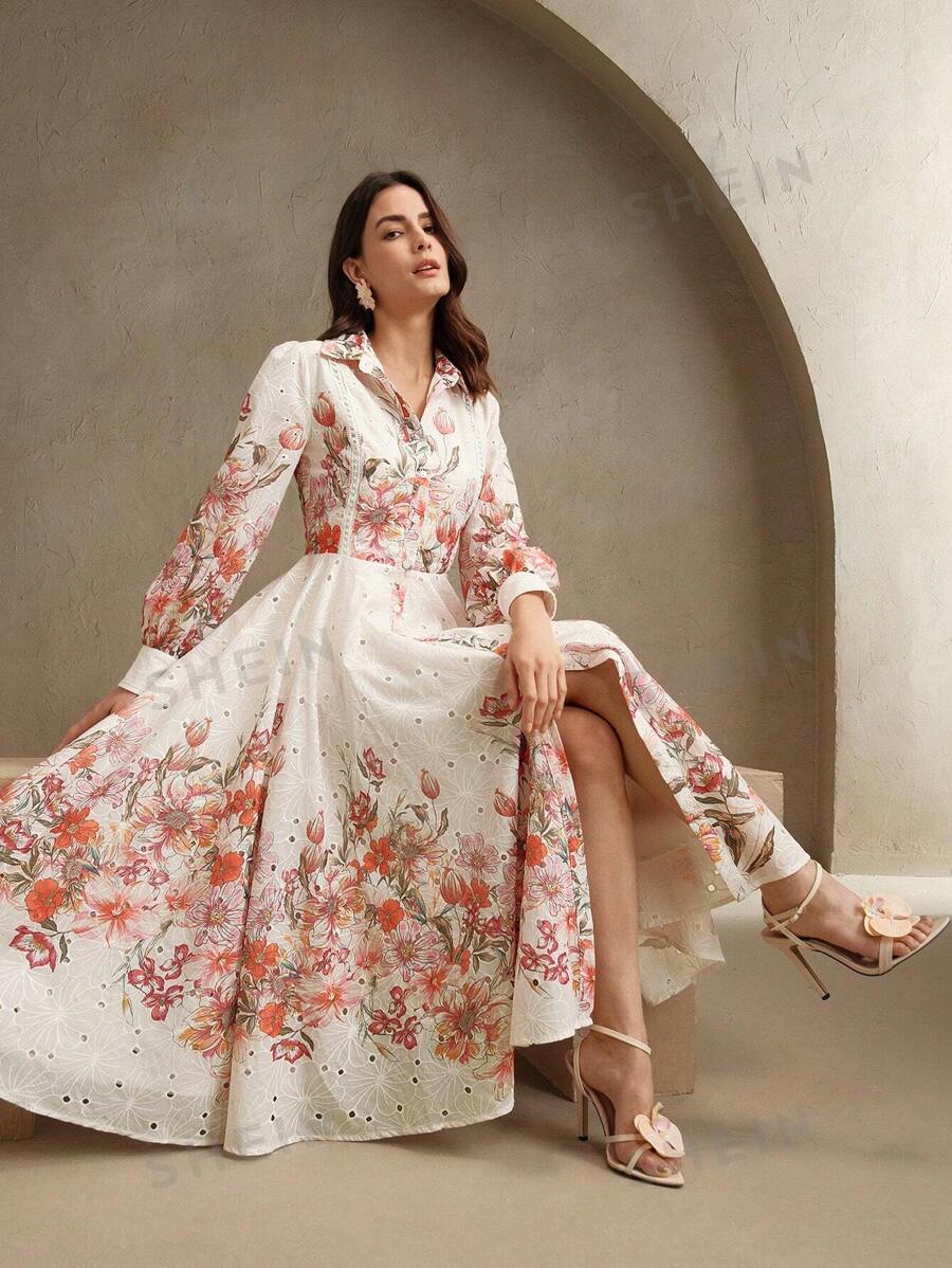 Anewsta Vestido camisa de manga globo con bordado y estampado floral, elegante para primavera, vacaciones, festivales, Pascua